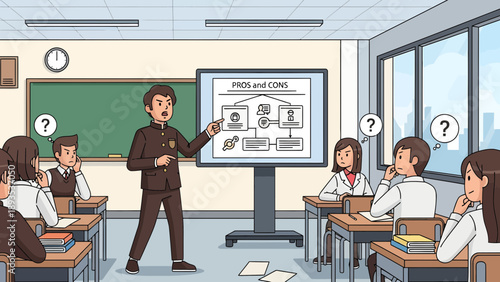 Male teacher explains a complex diagram to confused students in a classroom setting.