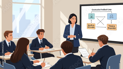Professional female teacher giving a presentation to attentive students in a classroom.