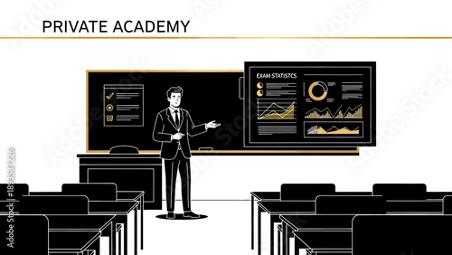 Professional instructor in a suit presenting business data in a private academy.