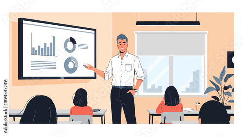 Professional male speaker presenting business data on a large screen.