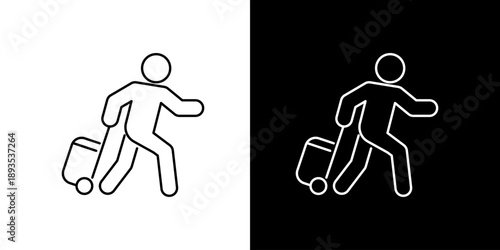 Dynamic line icon of a person quickly moving with a suitcase, symbolizing urgent travel, airport rush, and time-sensitive journeys