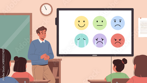 Teacher explaining emotions to students in a classroom setting.