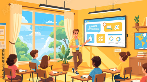 Teacher explaining lesson to students in a modern classroom.