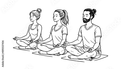 Minimal Line Art Illustration of People Practicing Yoga or Meditation in a Seated Position Representing Calm and Mindfulness