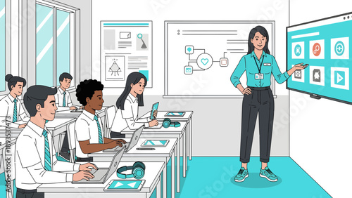 Teacher instructing students in a modern classroom setting.