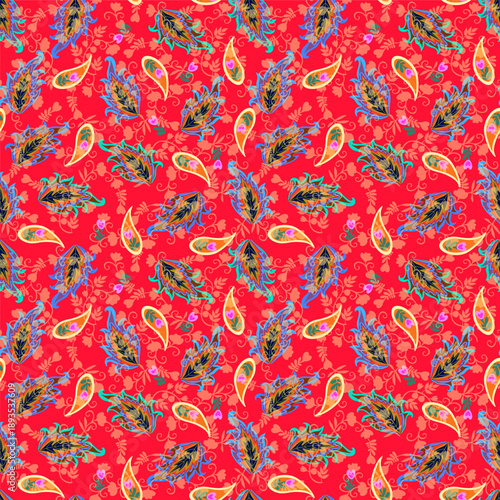Oriental seamless print for scarf, fabric with intricate floral pattern, berr...