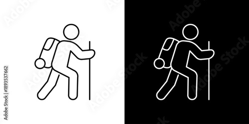 Outline icon depicting a solitary hiker with a backpack and walking stick, symbolizing active outdoor adventure and trekking pursuits