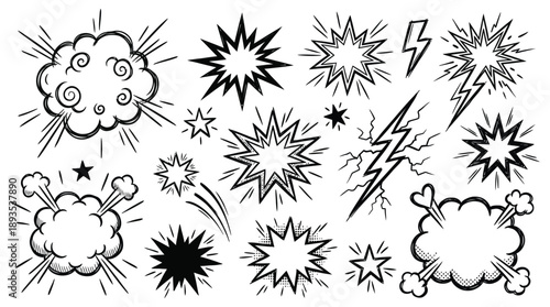 Comic Explosion Doodle Vector Set with Hand Drawn Boom and Bomb Effects, Dynamic Action Lines, Burst Shapes, Speech Bubbles, Cloud Puffs and Zap Effects, Outline Comic Book Stickers