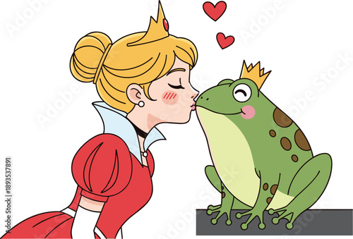 Fairytale Princess Kissing Frog Prince Illustration Featuring Love, Magic Transformation, and Classic Storybook Romance in Cute Flat Vector Style