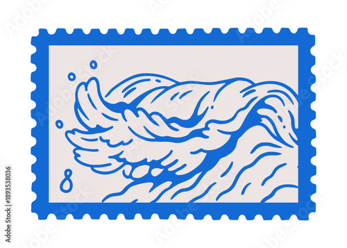 Postal stamp with sea wave. Hand-drawn ocean, marine foam, doodle scribble line art in perforated frame. Italian dolce vita vacation postmark. Flat vector illustration isolated on white background