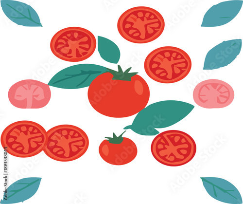 Seamless tomato slices and leaves pattern vector background with fresh red vegetables for healthy food and kitchen design