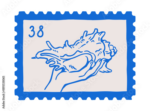 Stamp with seashell in hand. Coastal beach sea shell, doodle sketch postmark drawing in dolce vita style. Summer travel souvenir, postal mark. Flat vector illustration isolated on white background