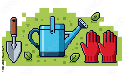 Retro Pixel Art Gardening Tool Set Featuring a Blue Watering Can, Steel Trowel, and Red Work Gloves on a Stylized Green Grass Patch Background for 2D Game Assets and Outdoor Spring Hobby Design