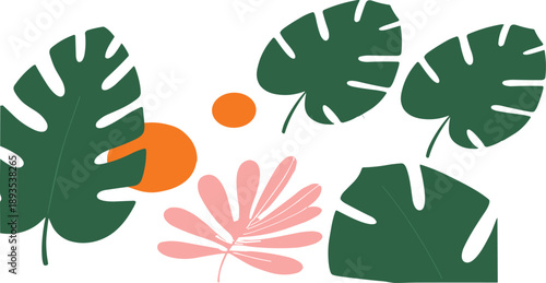 Seamless tropical monstera leaf pattern vector background with abstract floral elements for modern summer and botanical design