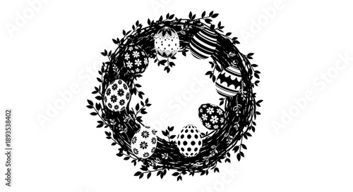 A circular wreath adorned with various decorative eggs and leaves, presented in a black and white illustration style from a frontal viewpoint.