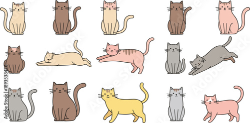 Cute Cartoon Cat Illustration Set Featuring Funny Poses, Playful Kittens, and Adorable Pet Characters in Hand Drawn Flat Vector Style
