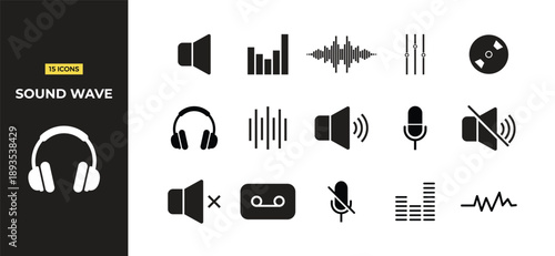 Vector illustration of black and white sound wave icons set with headphones and speakers