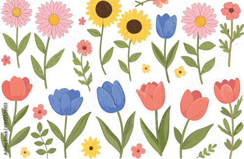 Spring flowers collection flat vector illustration set with tulips, daisies and sunflowers for floral design and botanical decoration projects