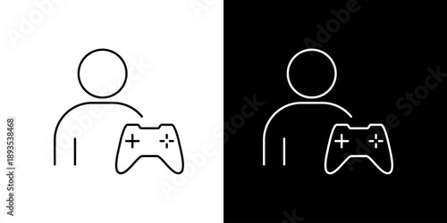 Outline icon representing a user profile with a gaming controller, symbolizing online player presence, digital entertainment, and interactive hobbies
