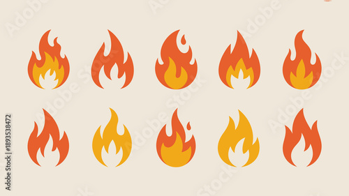 A collection of stylized fire flames in varying shapes and sizes is displayed against a light beige background high quality professional detailed modern elegant stylish clean