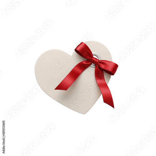 A festive red heart shaped gift  tag with a satin ribbon bow and knot decoration for a Valentine, Christmas, or anniversary holiday celebration present isolated on a white background
