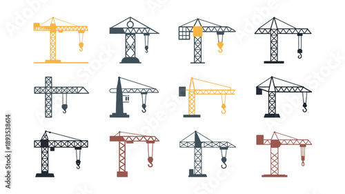 A collection of various construction crane illustrations in differing styles and colors neatly arranged against a plain white background high quality professional detailed modern elegant stylish