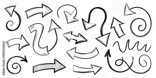 Crayon Arrow Sketches Collection with Hand Drawn Doodle Style Pointers, Curved Lines and Round Swirls, Chaotic Scribbling Artistic Design Elements, Black Grunge Brush Strokes Isolated on White Backgro