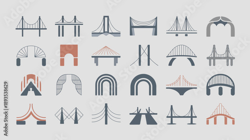 A collection of simplified stylized bridge icons in varying shades of blue gray and a single reddish brown hue are displayed high quality professional detailed modern