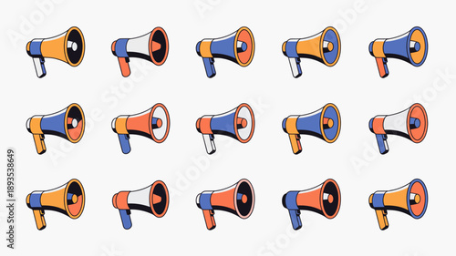 A colorful arrangement showcases multiple megaphone illustrations in varying shades of orange blue and white repeated across a plain background high quality professional detailed modern elegant