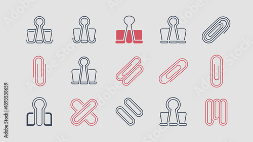 A collection of various metal paper clips and binder clips are displayed in shades of blue and red on a light gray background high quality professional