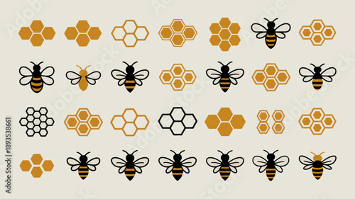 A repeating pattern displays pixelated honeycombs and bees in shades of gold black and white against a cream backdrop high quality professional detailed modern elegant stylish