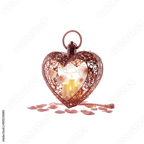 3D heart lantern, glowing warm light, valentine night decor, white background