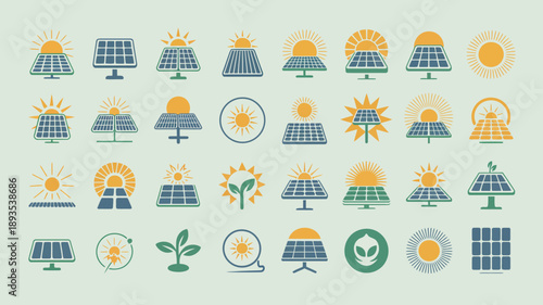 A collection of various stylized icons representing solar energy suns solar panels plants and related ecological symbols high quality professional detailed modern elegant stylish clean crisp