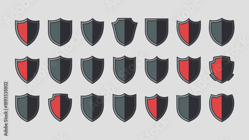 An arrangement of sixteen shield icons is displayed featuring a two tone color scheme of dark gray and vibrant red high quality professional detailed modern elegant