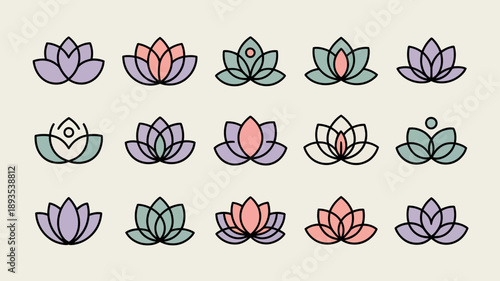A collection of stylized lotus flowers in varying pastel shades arranged in a grid like pattern on a cream background high quality professional detailed modern elegant