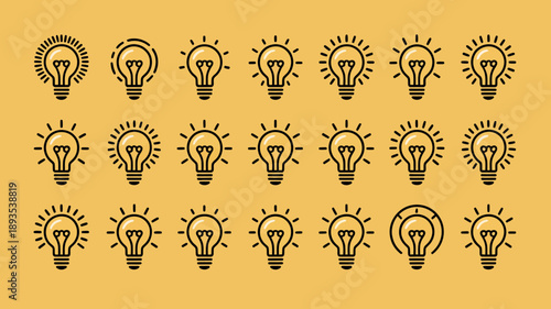 An array of lightbulb icons are displayed against a solid mustard yellow background representing ideas innovation and energy high quality professional detailed modern elegant stylish clean