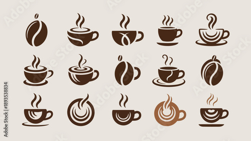 A collection of vector graphics showcasing coffee beans and steaming cups arranged in a grid like pattern on a beige background high quality professional detailed modern
