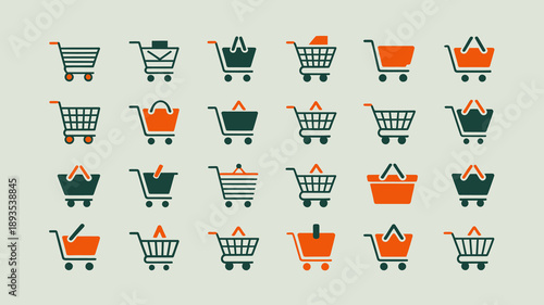 An arrangement of shopping cart icons in varying colors and styles including orange green and black is displayed high quality professional detailed modern elegant stylish clean