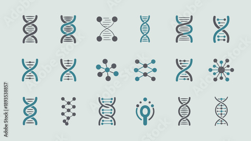 An arrangement of teal dna helix icons and related genetic symbols are displayed against a light blue background high quality professional detailed modern elegant stylish clean