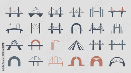 A collection of minimalist geometric bridge designs are displayed in varying shades of gray blue and a single orange hue high quality professional detailed modern elegant