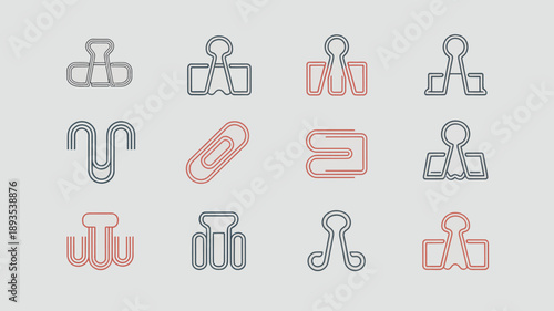 A collection of various paperclip designs is displayed featuring different shapes and colors in a simple minimalist style high quality professional detailed modern elegant stylish clean