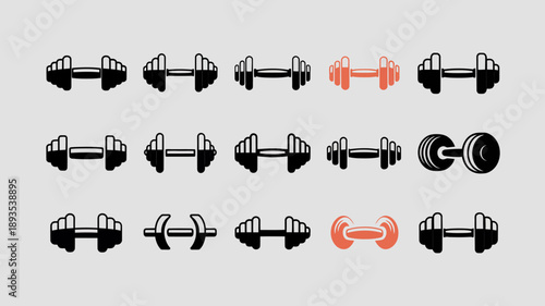 A collection of stylized dumbbell icons is displayed in varying shades of gray and orange arranged in neat rows and columns high quality professional detailed modern