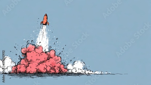 Hand-drawn illustration of a rocket ship launching with red smoke and clouds, concept for business startup, growth and success