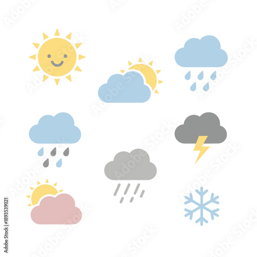 Weather icons for sunny, rainy, stormy and snowy conditions