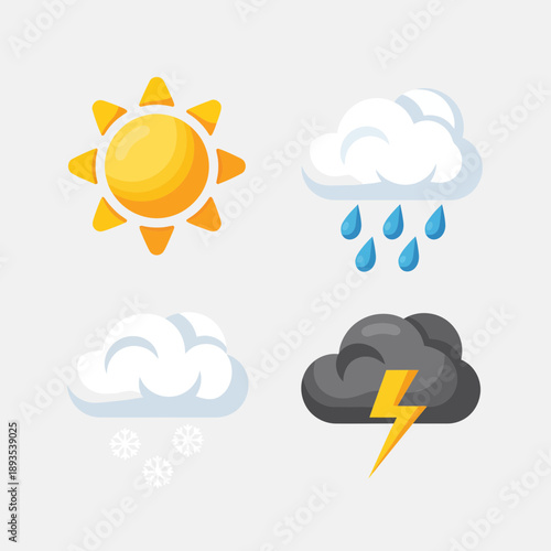 Weather icons for sunshine, rain, snow and thunderstorm forecast