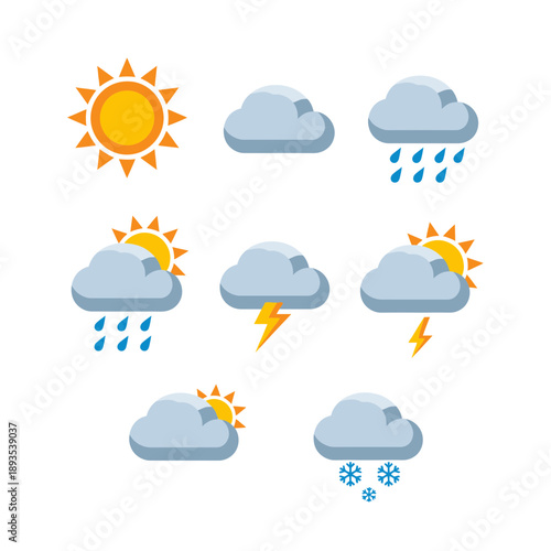 Weather icons for sunshine, rain, snow, and thunderstorms
