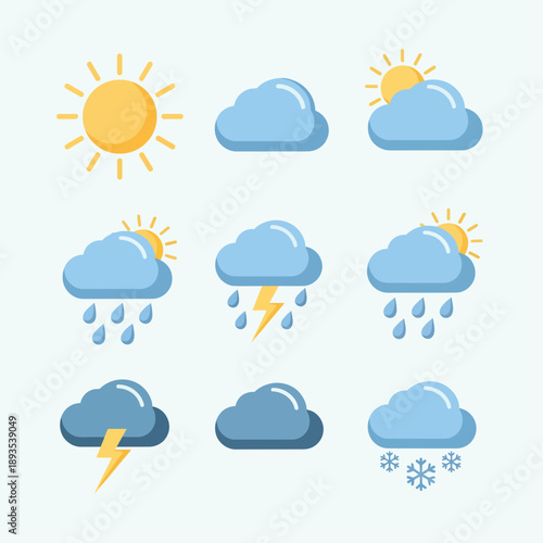 Weather icons for sunny, cloudy, rainy, stormy, and snowy conditions