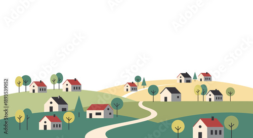 Quaint village landscape with winding road and houses on rolling hills