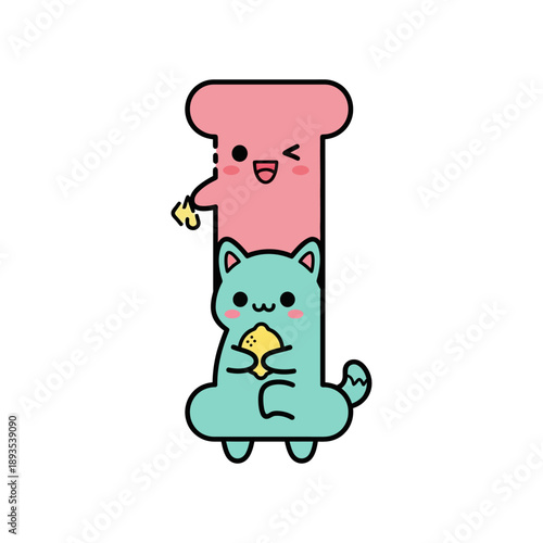Cartoon cat and bread character eating cheese happily together