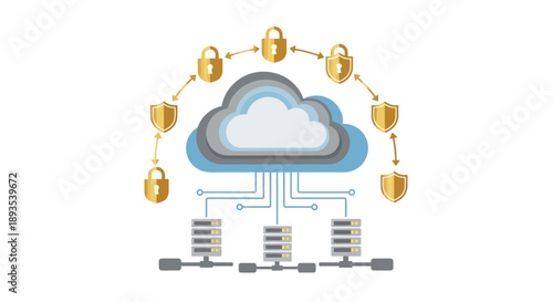 Vector illustration of cloud computing security elements with icons of locks and servers.